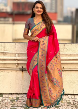 Pink Zari Woven Saree In Silk