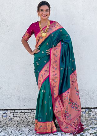 Teal Green Zari Woven Saree In Silk