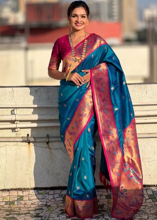 Blue Silk Saree In Zari Woven Work