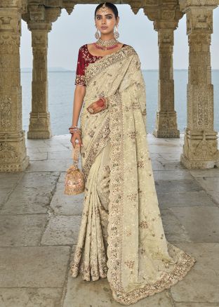 Cream Embroidered Saree In Banarasi Silk