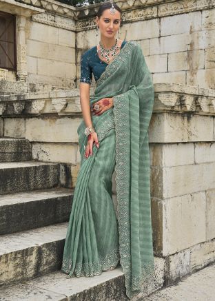 Green Embroidered Saree In Tissue Silk