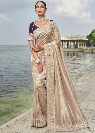 Beige Embroidered Saree In Kanjivaram Silk