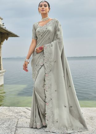 Grey Embroidered Saree In Banarasi Silk