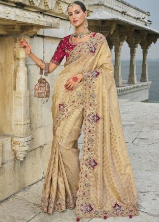 Cream Embroidered Saree In Kanjivaram Silk