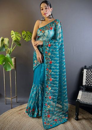Blue Embroidered Saree In Net