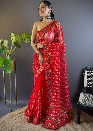 Red Embroidered Net Saree