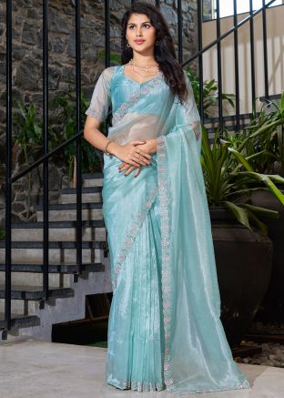 Blue Organza Saree In Stone Work