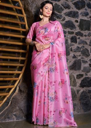 Pink Floral Print Saree In Art Silk