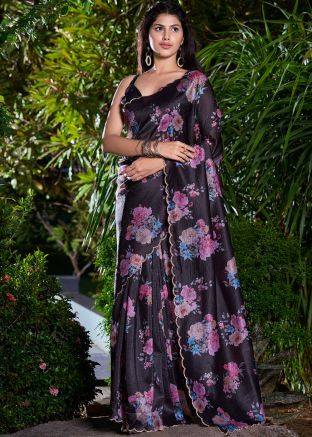 Black Art Silk Saree In Floral Print