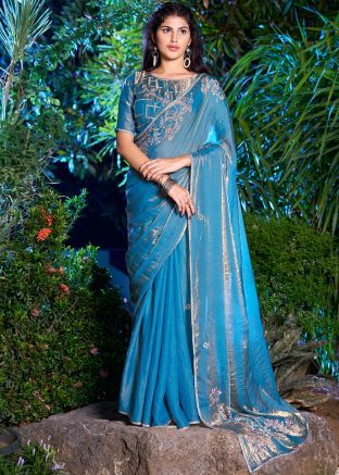 Dual Tone Blue Stone Work Saree In Art Silk