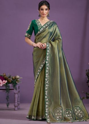 Green Embroidered Saree In Tissue