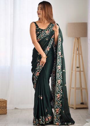 Green Embroidered Saree In Satin