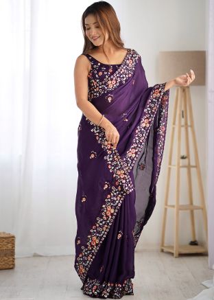Purple Sequins Embroidered Saree In Satin
