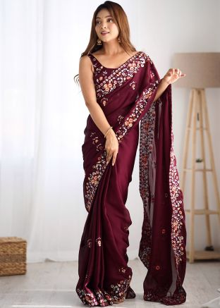 Maroon Embroidered Saree In Satin