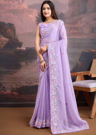Purple Embroidered Saree In Organza