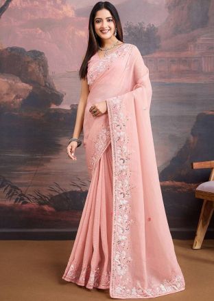Peach Embroidered Organza Saree