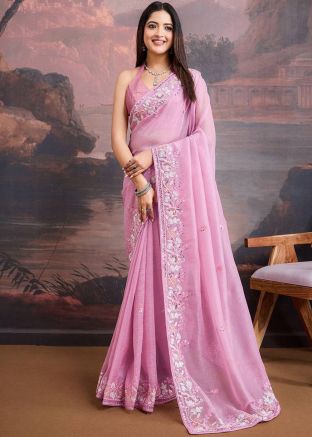 Pink Embroidered Saree In Organza