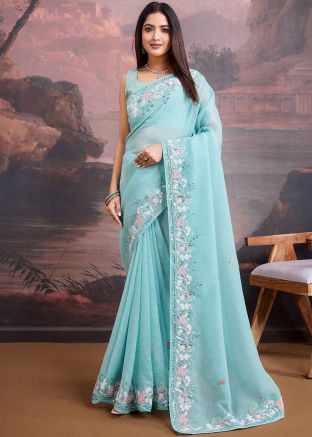 Blue Embroidered Organza Saree