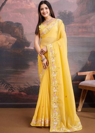 Yellow Embroidered Saree In Organza