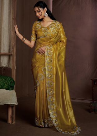 Yellow Embellished Organza Saree & Blouse