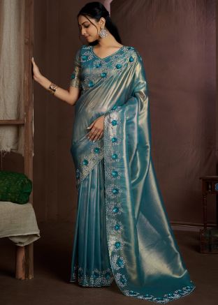 Blue Stone Work Saree In Organza