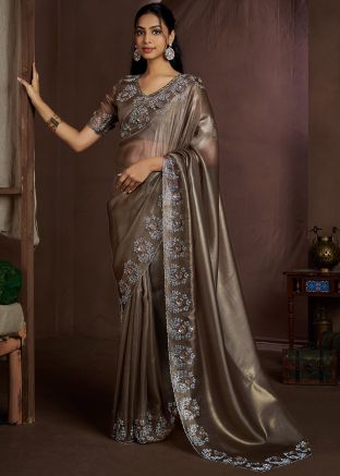 Brown Stone Work Saree In Organza