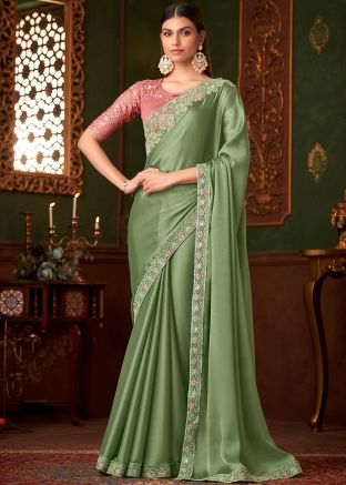 Green Embroidered Saree In Satin