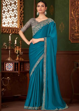 Blue Embroidered Saree In Chiffon