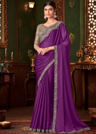 Purple Embroidered Chiffon Saree