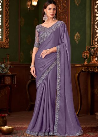 Purple Embroidered Saree In Chiffon