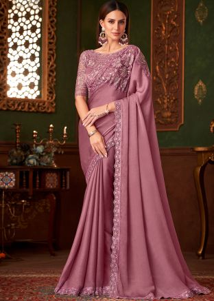 Mauve Pink Embroidered Saree In Georgette