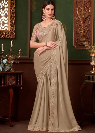 Beige Embroidered Georgette Saree