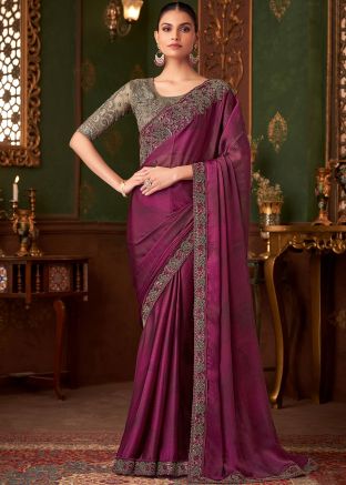 Magenta Embroidered Saree In Chiffon