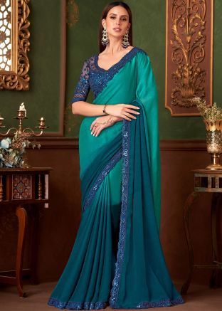 Green & Blue Shaded Saree In Silk
