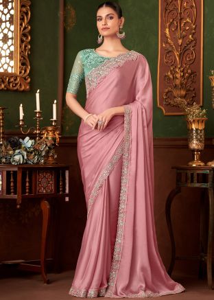 Peach Embroidered Saree In Chiffon