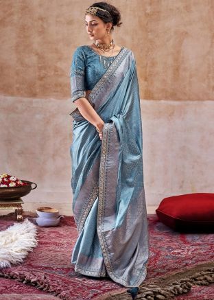 Blue Bandhej Print Satin Silk Saree