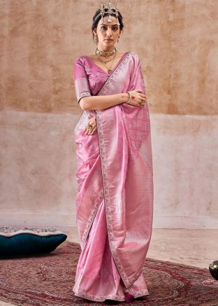 Pink Satin Silk SareeIn Bandhani Print