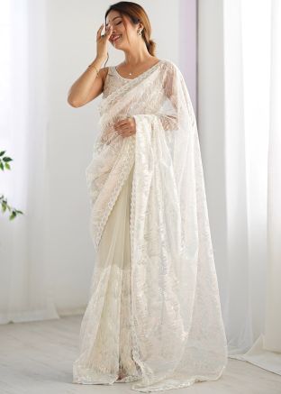 Cream Net Sequins Embroidered Saree