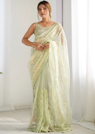 Mint Green Net Saree In Sequins Work