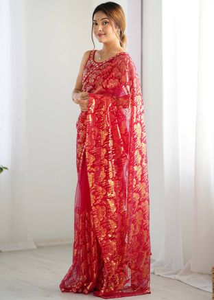 Pink Embellished Net Saree & Blouse