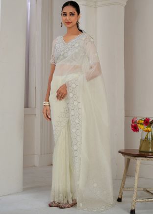 White Stone Work Saree In Organza
