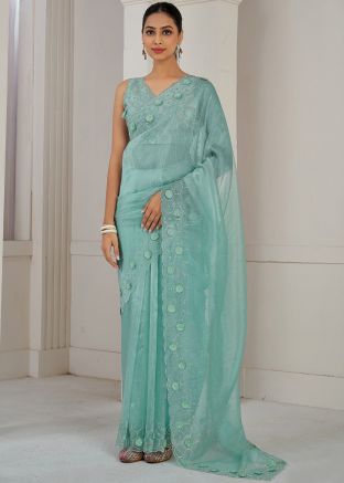 Green Stone Work Organza Saree