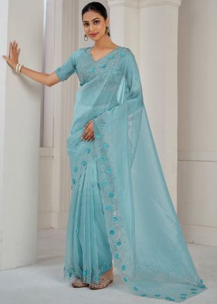 Blue Organza Saree In Stone Work