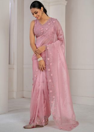 Pink Organza Saree In Stone Work