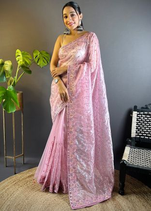 Pink Thread Embroidered Saree In Net