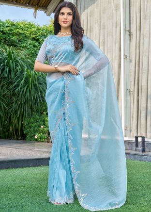 Blue Stone Embellished Organza Saree