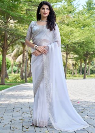 White Stone Embellished Organza Saree