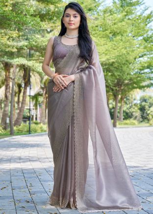 Grey Stone Work Organza Saree & Blouse