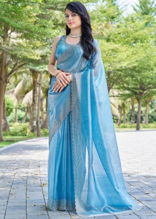 Blue Organza Saree & Blouse In Stone Work
