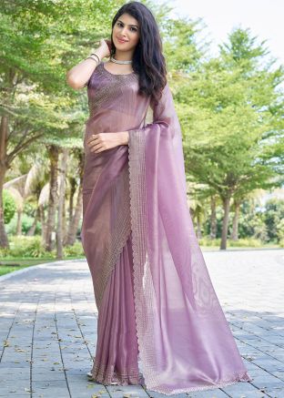 Mauve Pink Organza Saree In Stone Work